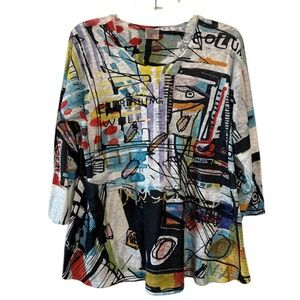 ET Lois Blouse Art To‎ Wear Colorful 3/4 Sleeve Abstract, Size Medium